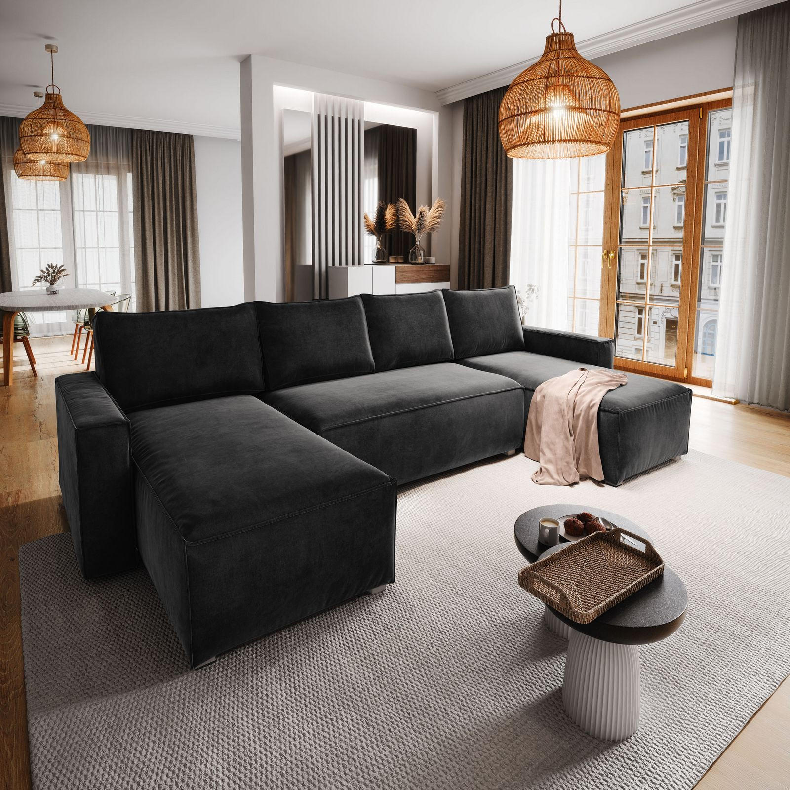 WOHNLANDSCHAFT DENI Schwarz Velours-Stoff mit Schlaffunktion - Schwarz, Holz (295/85/140cm) - MASSENO