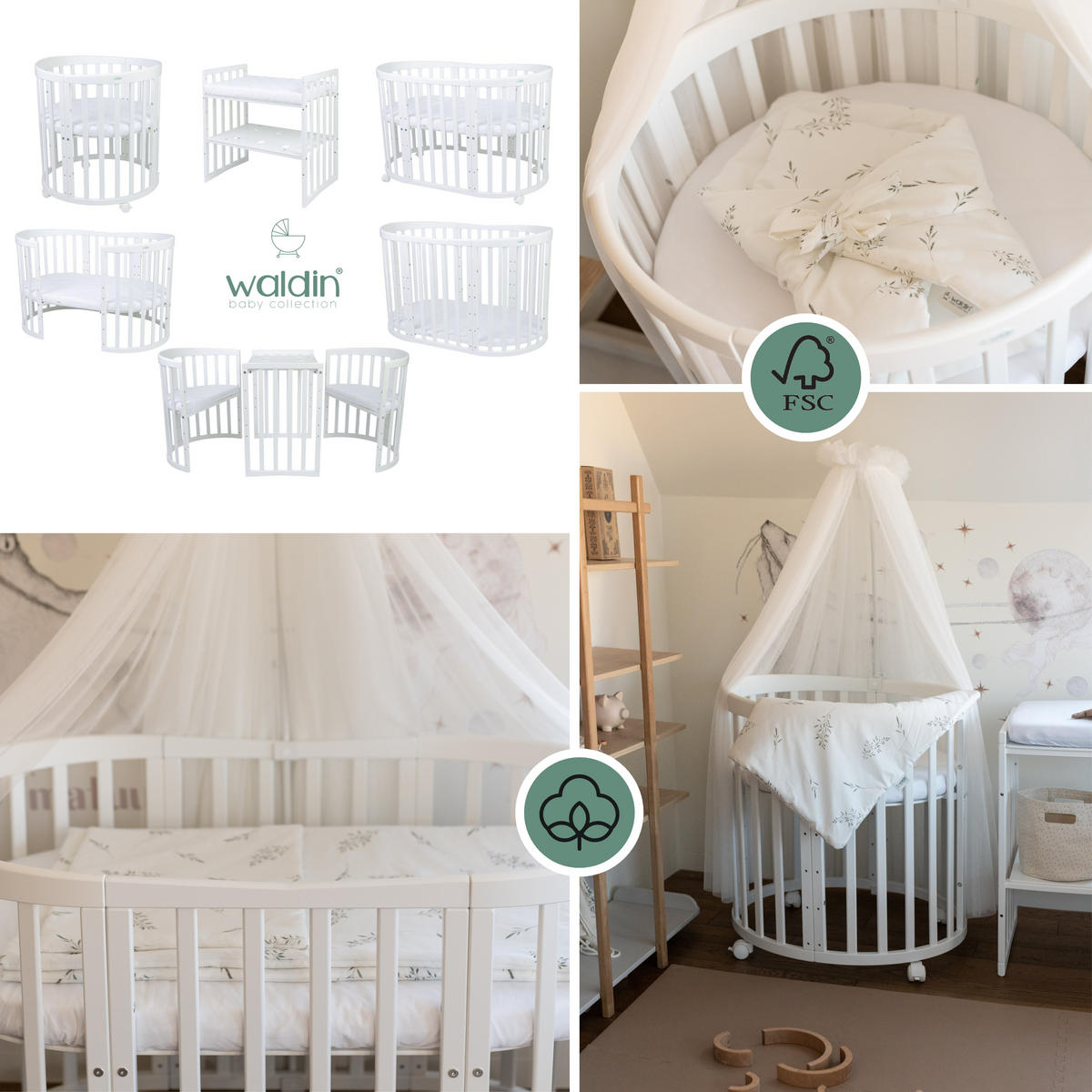 BABYBETT WHITE OVAL 7in1 mit Matratze und Himmelset - Weiß, Holz/Textil
