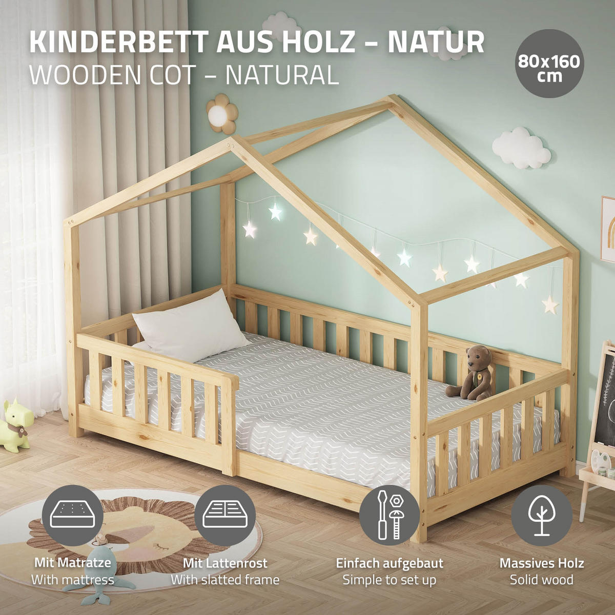 HAUSBETT mit Matratze 80x160 cm Natur aus Kiefernholz mit Rausfallschutz - Beige, Holz (80/160cm) - ML-DESIGN