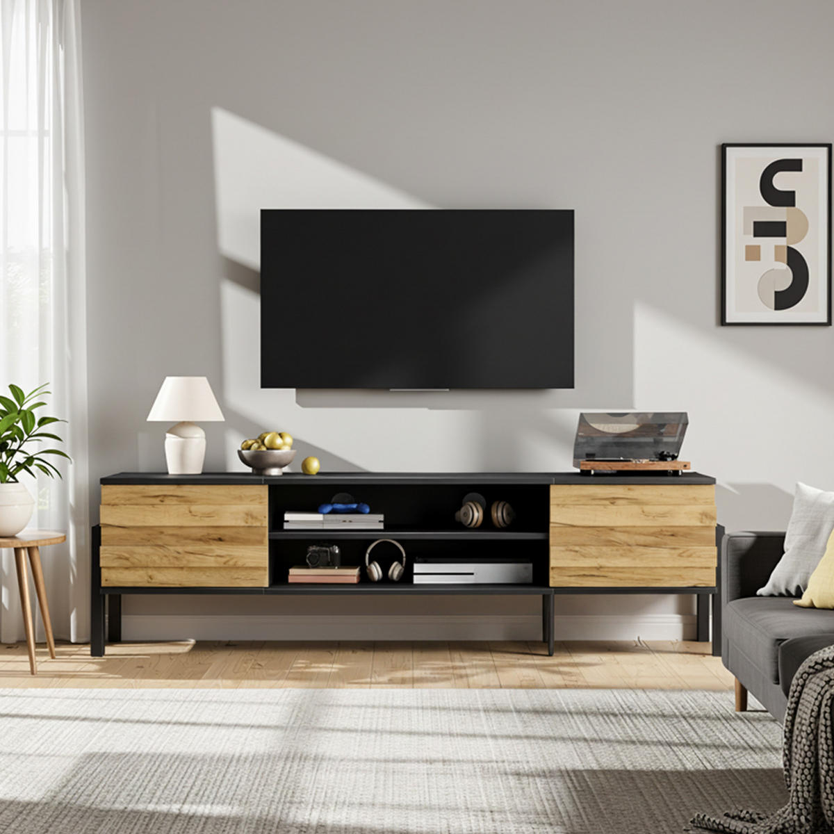 TV-LOWBOARD holzwerkstoff schwarz & holz-optik für tvs bis 70 zoll - Schwarz, Holzwerkstoff (175/53/39.5cm) - Urban Meuble
