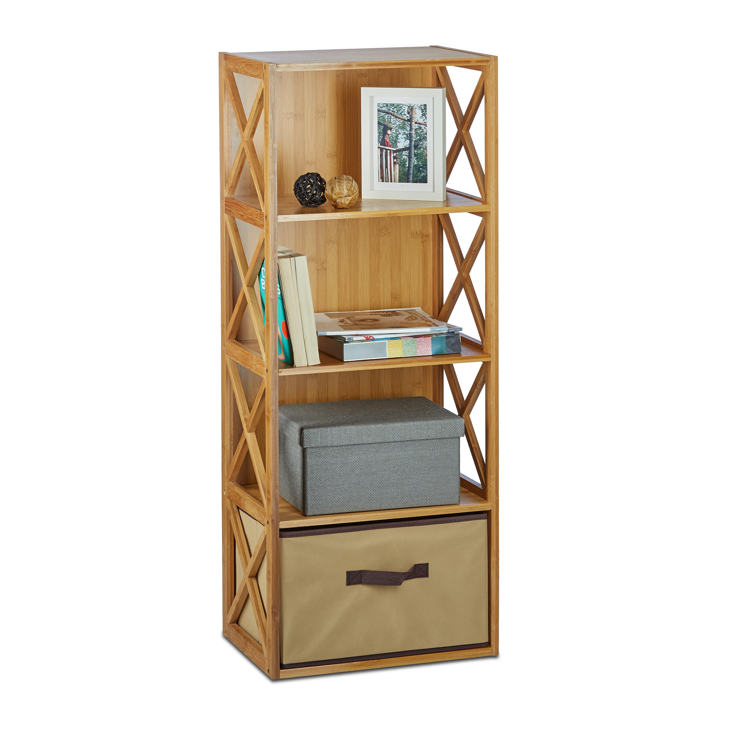 BAMBUSOVÝ regálový kôš - svetlohnedá, drevo/textil (42/105/29cm) - Relaxdays