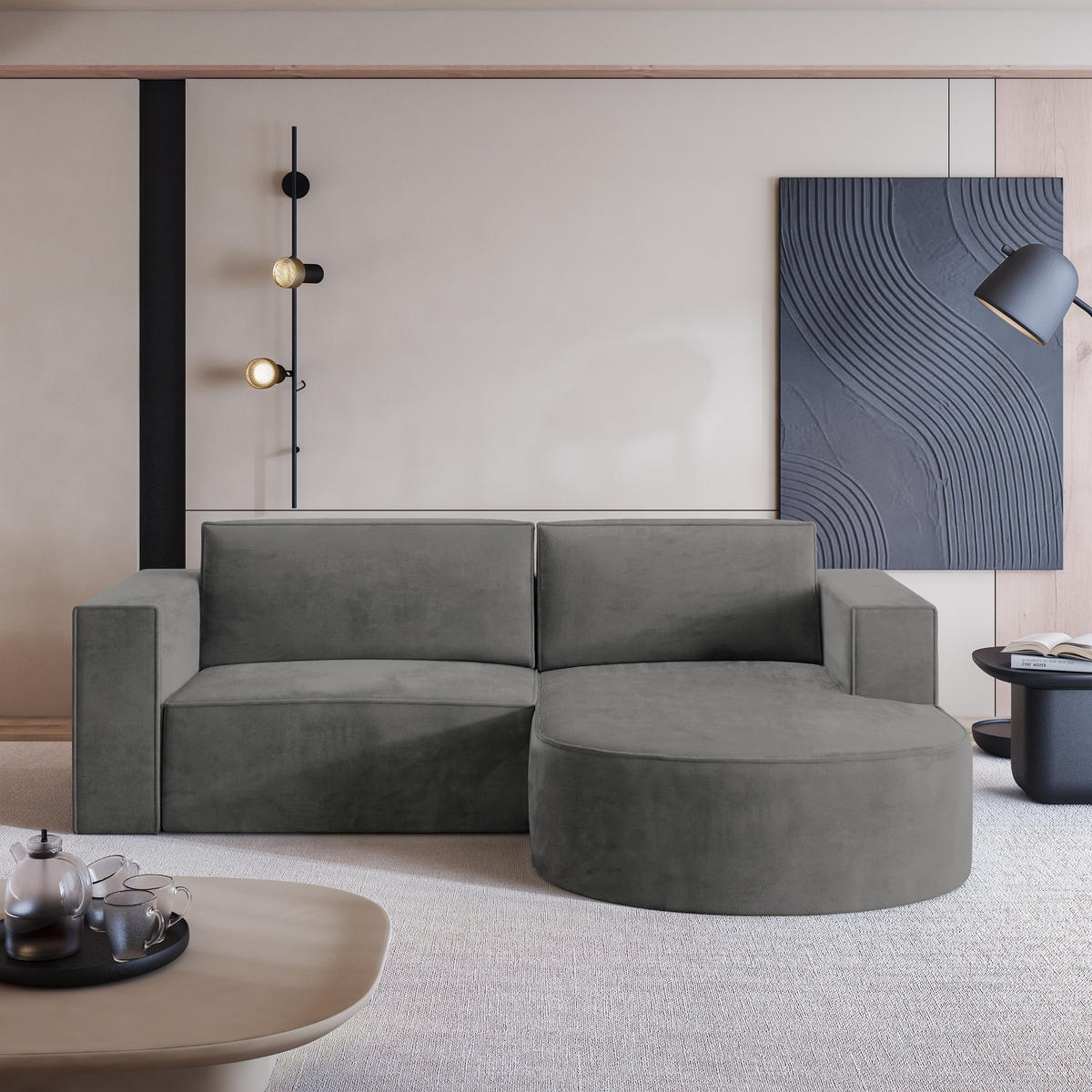 ECKSOFA SORELA M R-S Grau Velours-Stoff mit Schlaffunktion - Grau, Holz (263/174cm) - MASSENO