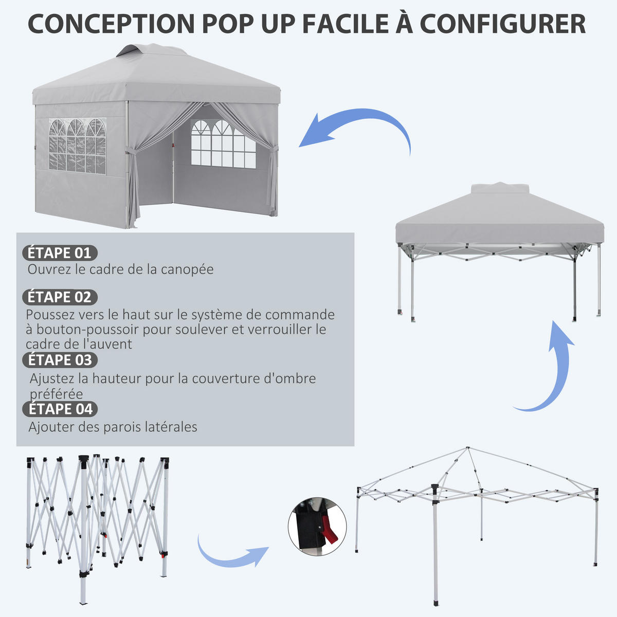 PAVILLON DE-13936 Pop-up 3/3 m, höhenverstellbar - Hellgrau, Textil (297/284/297cm) - ComfortXL