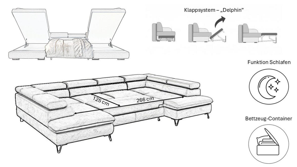 ECKSOFA Falio U-förmiges mit Schlaffunktion und Kopfstützen Velours Graphit - Graphitfarben, Holz/Textil (202/345cm) - Kaiser Möbel