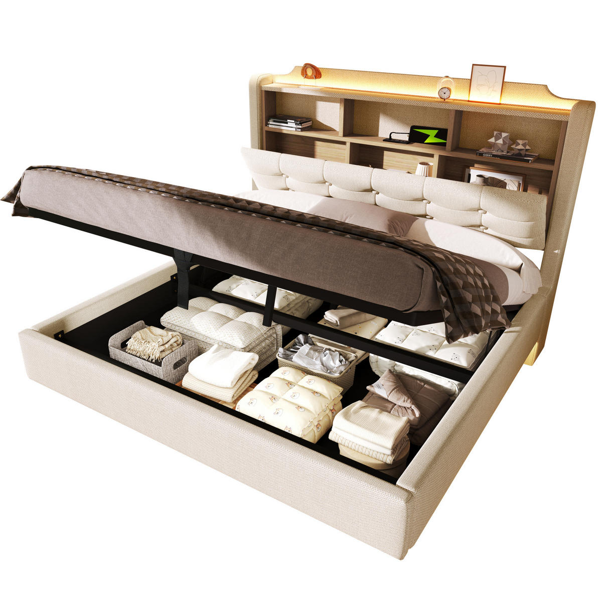 POLSTERBETT 140/200 cm mit LED-Beleuchtung und Bettkasten in Beige - Beige, Textil (140/200cm) - BEAOK