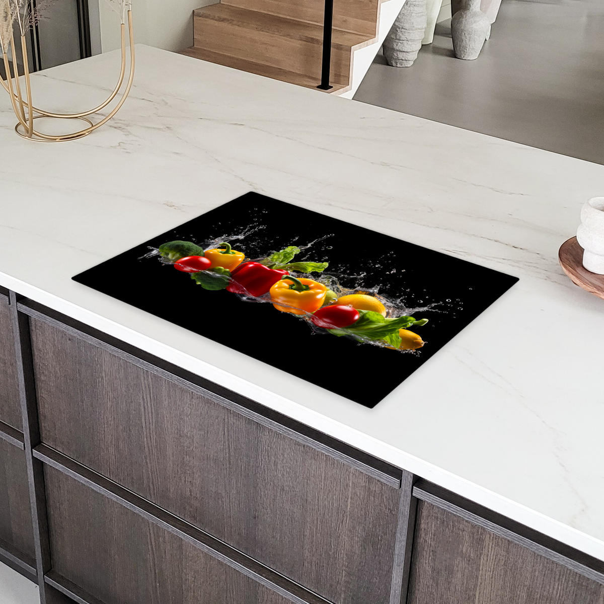 HERDABDECKPLATTE Paprika - Wasser - Gemüse - Schwarz Herdabdeckung Induktionsfeld 75x52 cm - Multicolor, Kunststoff (75/52/0.2cm) - MuchoWow