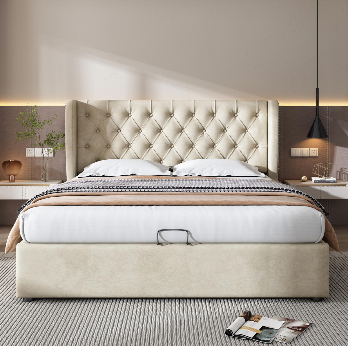 POLSTERBETT 140/200 cm aus Samt mit Stauraum und Lattenrost, Beige - Beige, Textil (140/200cm) - Flora Grace