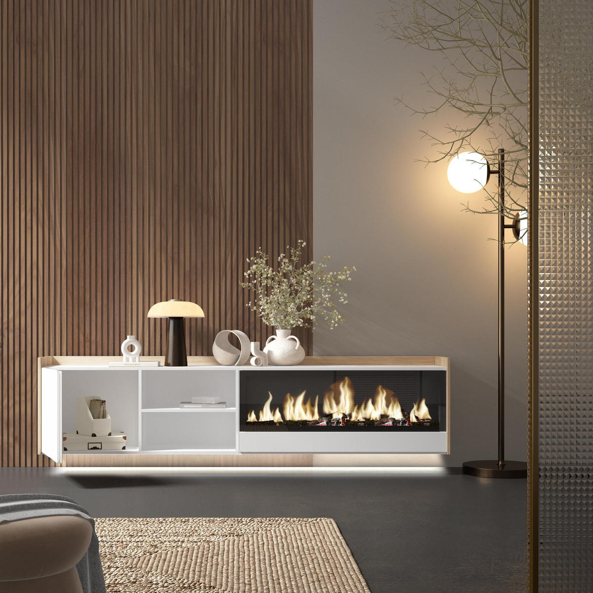 LOWBOARD, Weiß und Eiche, 212/35/50cm, Kamin mit Feuereffekt XXL - Weiß, Holzwerkstoff (212/50/35cm) - Skraut Home