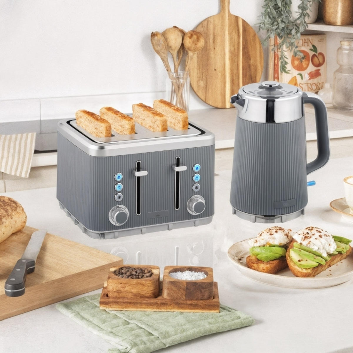WASSERKOCHER-TOASTER Set und 4 Scheiben Toaster, Grau, 21,2/15,5/25,5 cm - Grau, Kunststoff (15.5/25.5/21.2cm) - Rolipo