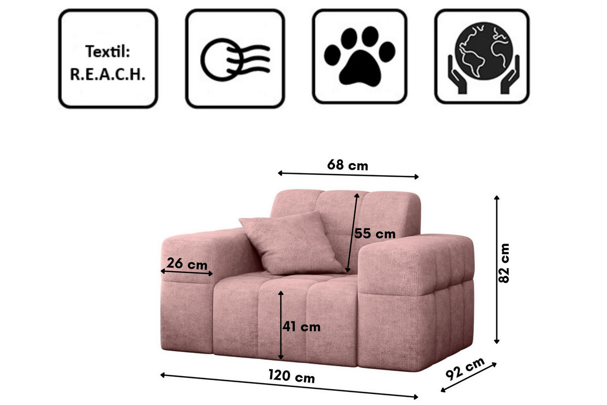 SESSEL NIMES Stoff Perfect Harmony Rosa - Rosa, Holz/Textil (120/82/92cm) - Kaiser Möbel
