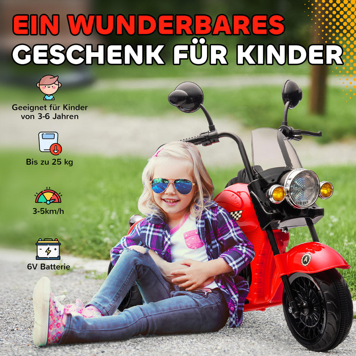 ELEKTROMOTORRAD , Rot, Kunststoff, Metall, 110cm x 48cm x 56cm - Rot, Kunststoff (110/48/56cm) - AIYAPLAY