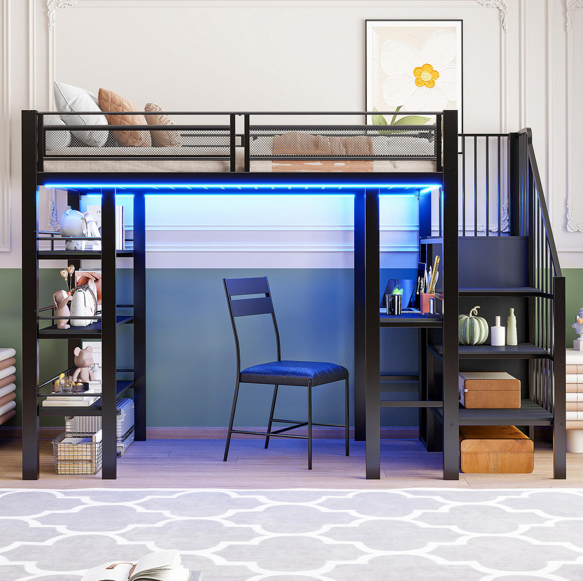 VYSOKÁ posteľ 90/200 cm čierna z kovu s LED osvetlením písacím stolom policami a šatníkom - čierna, kompozitné drevo (90/200cm) - OKWISH