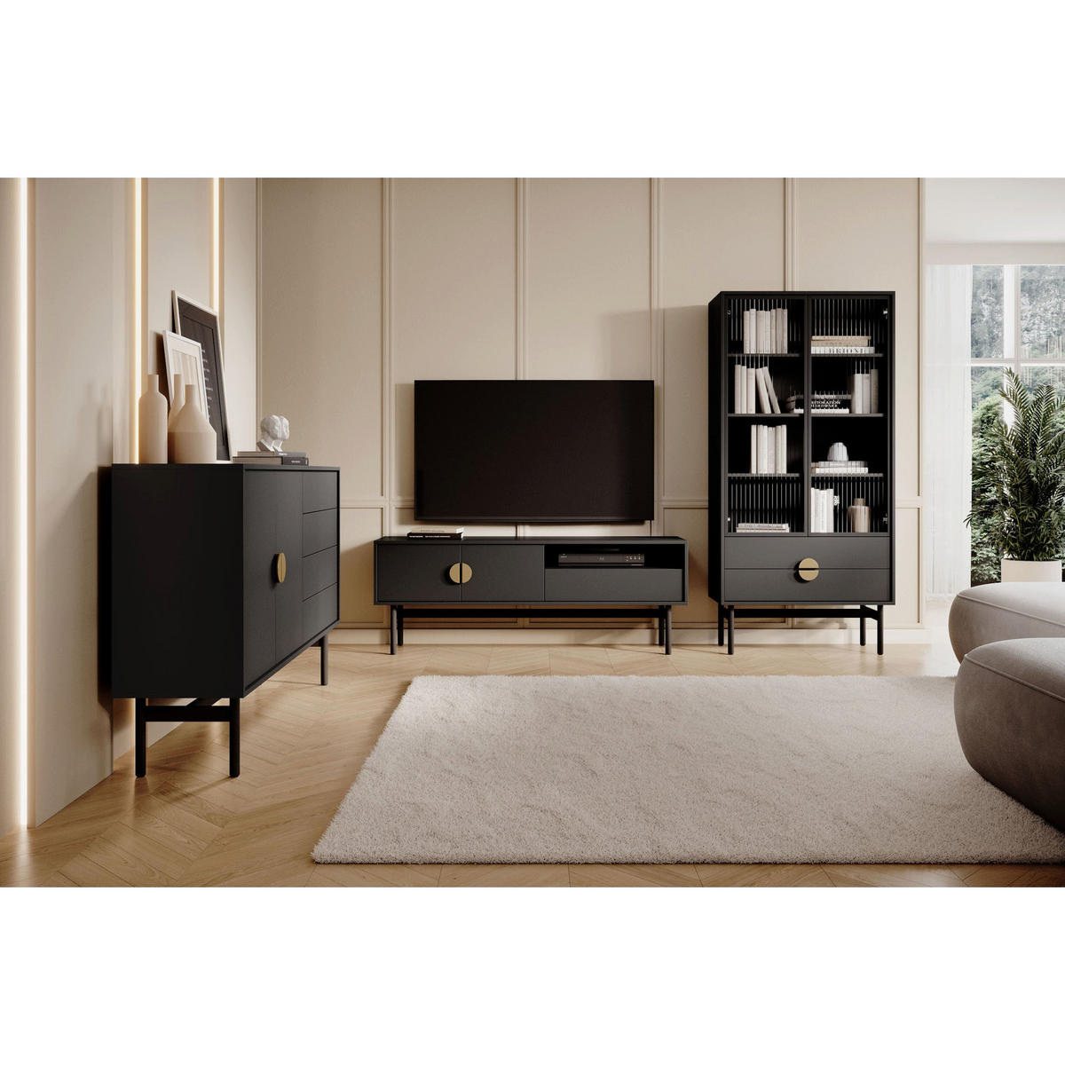 TV-LOWBOARD Stoon II SCHWARZ 154 CM - Goldfarben/Schwarz, Holzwerkstoff/Metall (154/57/38cm) - Selsey