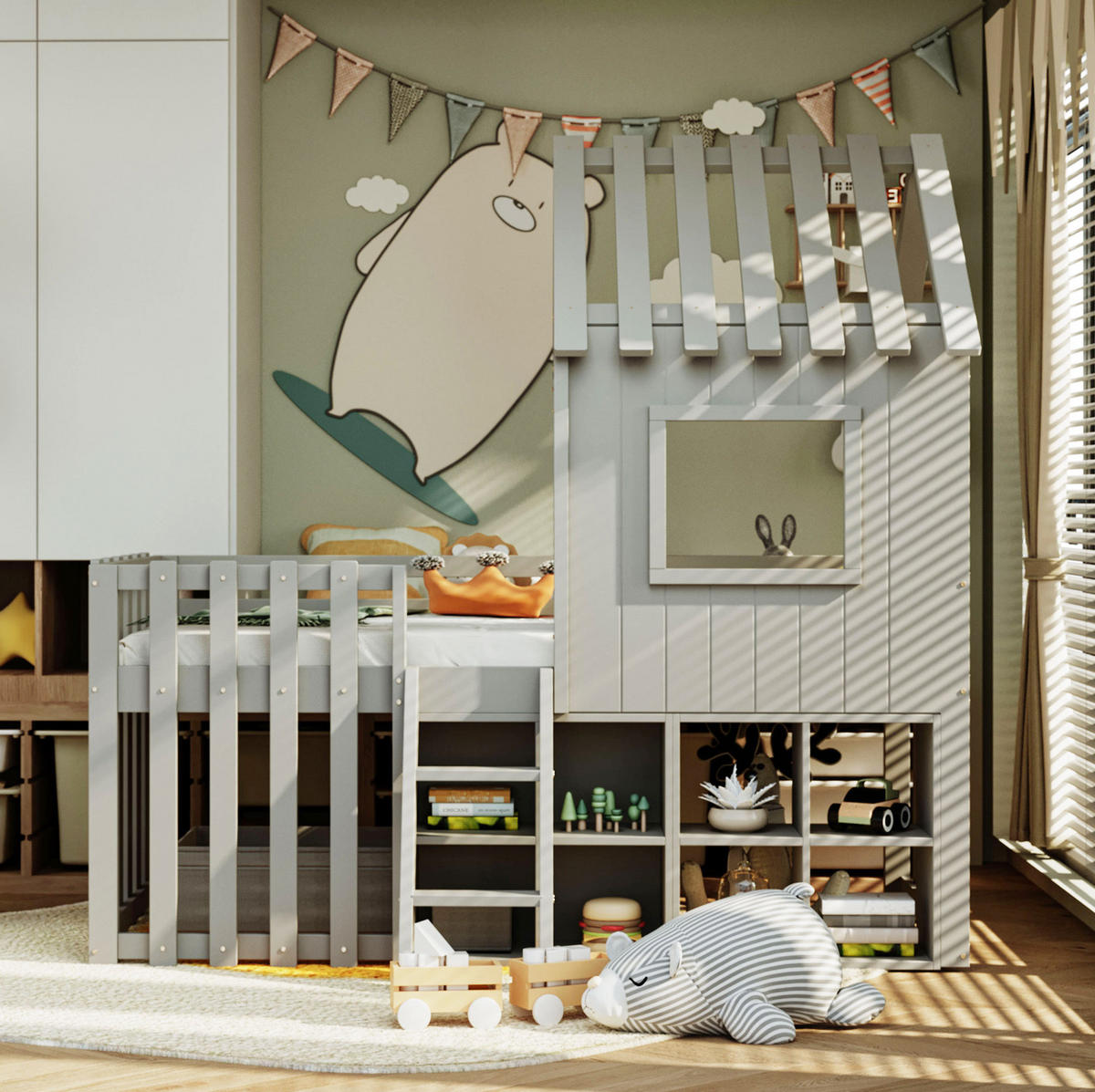 VÝŠKOVÁ posteľ 90/200 cm sivá s úložným priestorom a strechou z masívneho dreva - sivá, drevo (90/200cm) - OKWISH