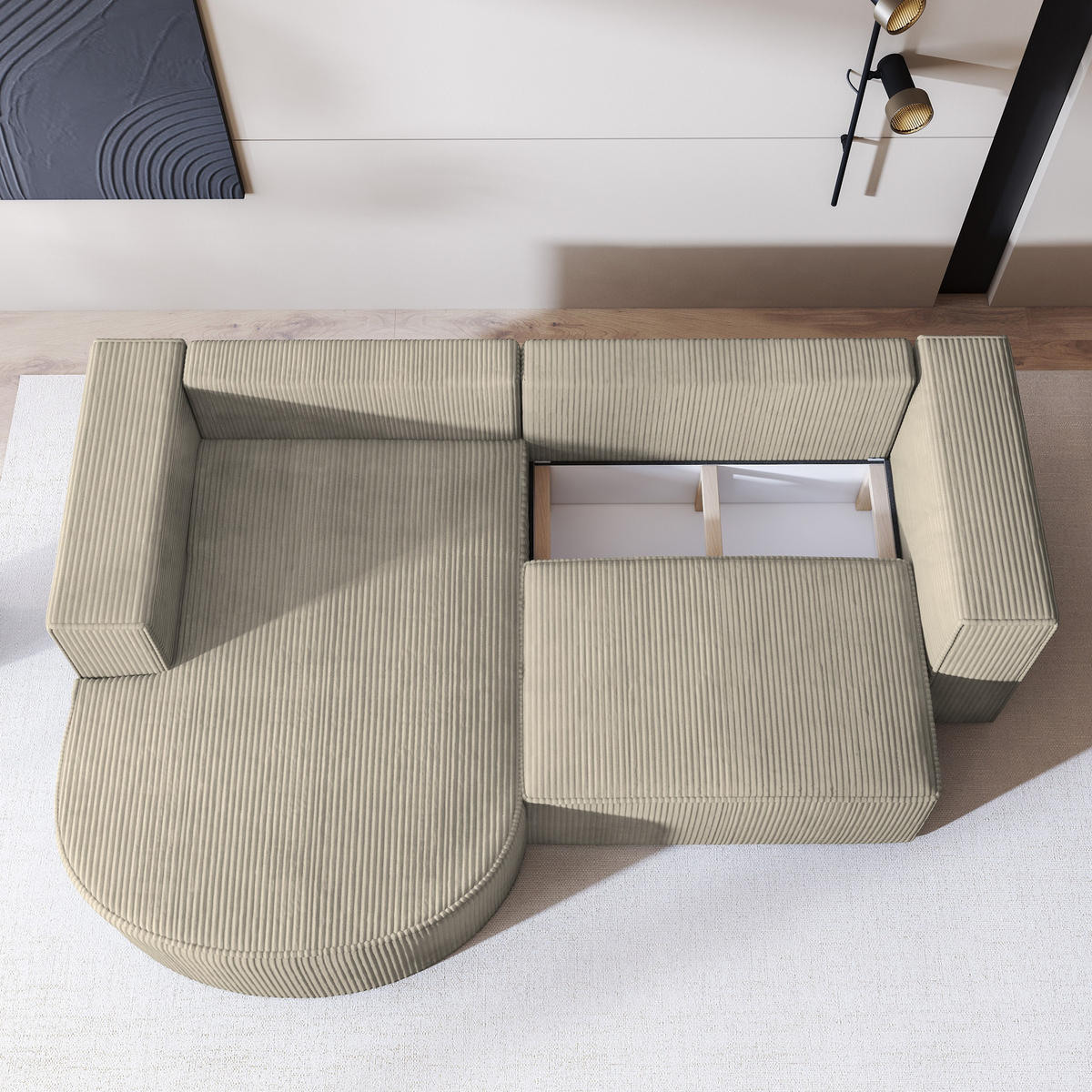 ECKSOFA SORELA P L-S Beige Kordstoff mit Schlaffunktion - Beige, Holz (263/174cm) - MASSENO