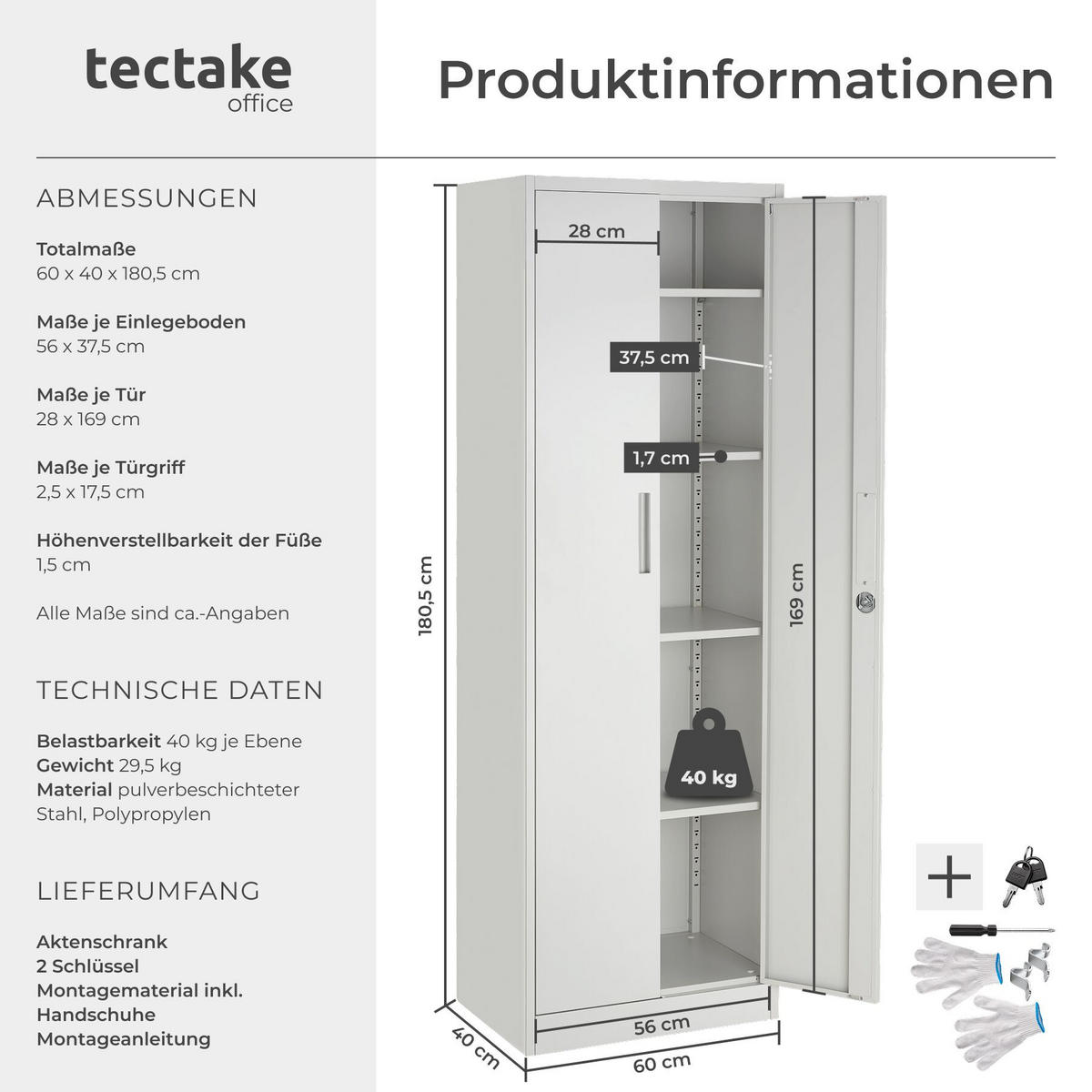 AKTENSCHRANK Brandon, Kippschutz, höhenverstellbare Füße, grau - Grau, Metall (60/180.5/40cm) - tectake