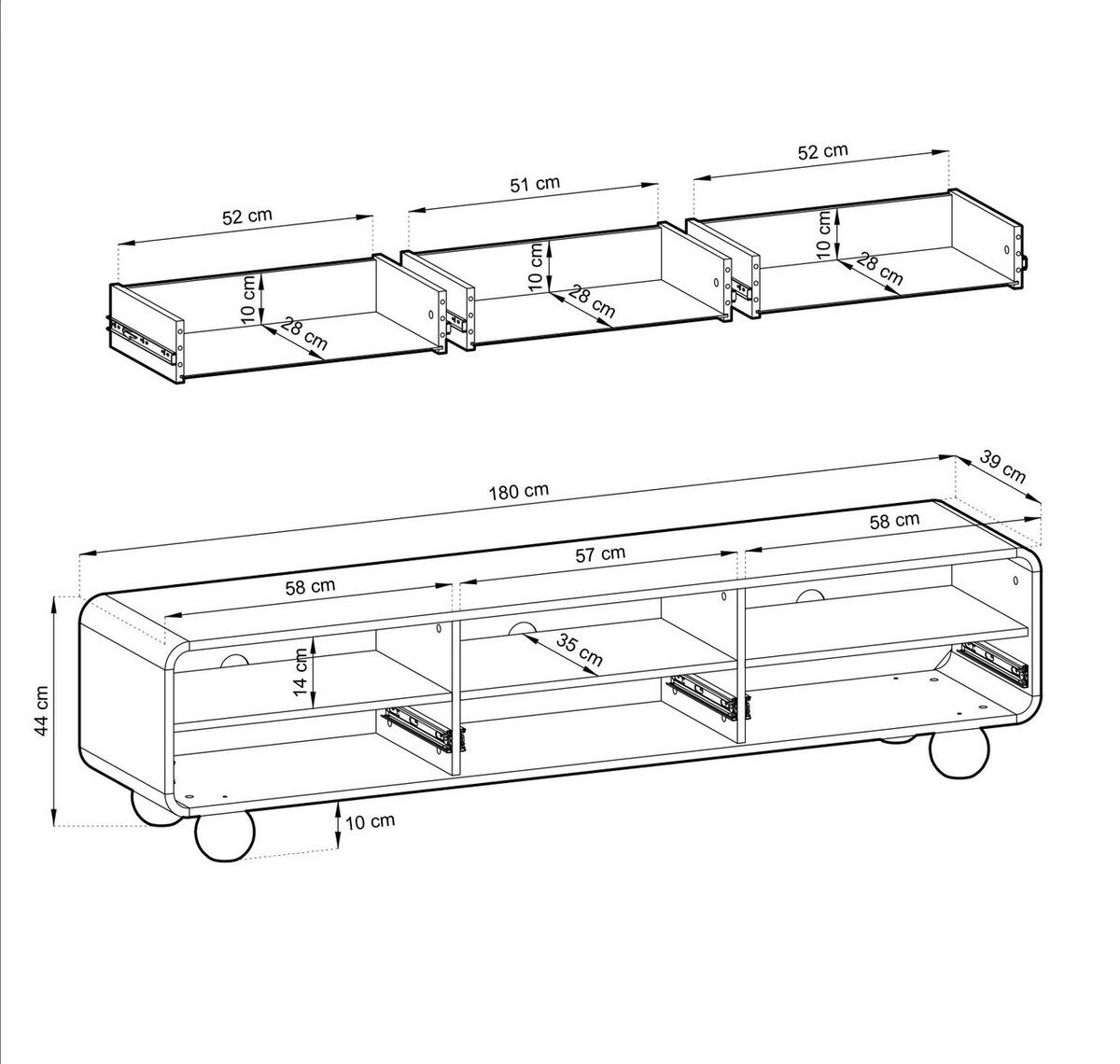 TV Lowboard 180 cm Boheme, Kaschmir, 3 Schubladen - Kaschmir, Holz (180/44/39cm) - Emporius
