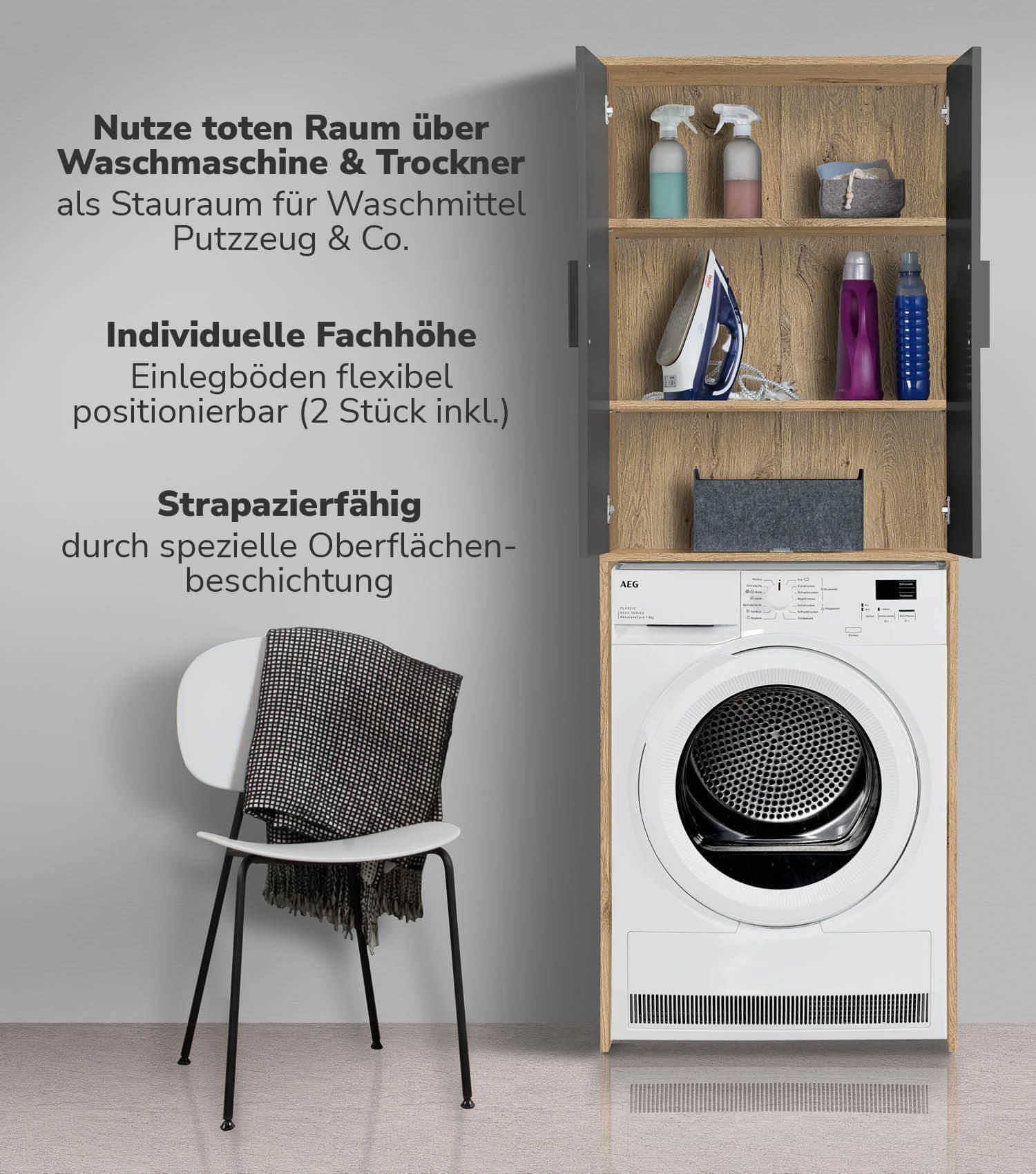 WASCHMASCHINENSCHRANK Der Saubermann - Anthrazit, Holzwerkstoff (65/180/34cm) - Mokebo