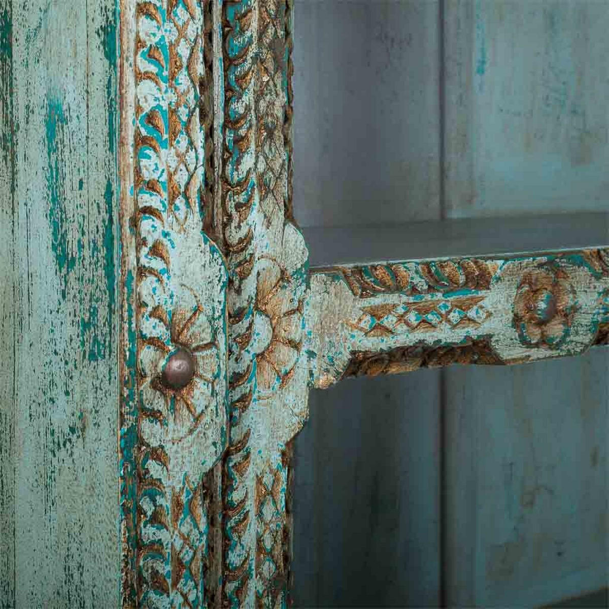 VITRINE aus geschnitztem Holz, 106x43x180 blau - Multicolor, Holz (106/180/43cm) - Wanderlust