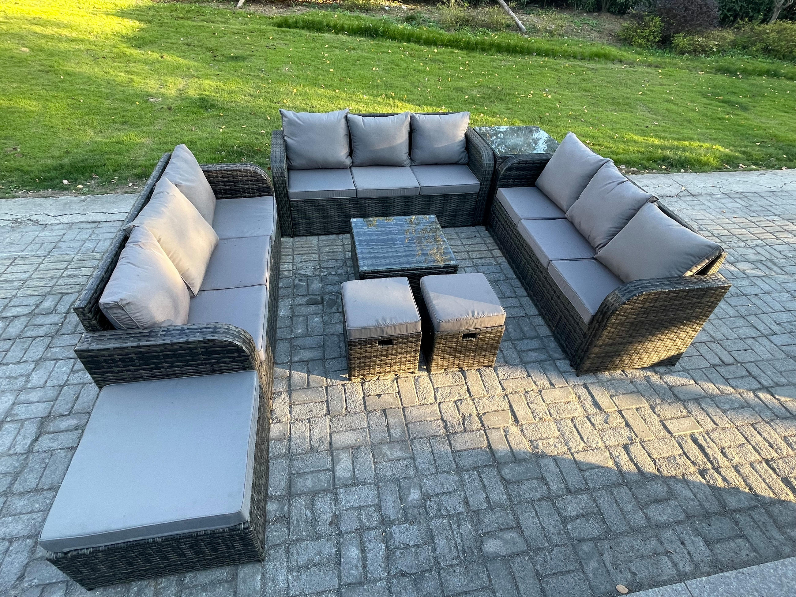 GARTENMÖBELGARNITUR mit KISSEN Polyrattan Dunkelgrau 12-Sitzer - Dunkelgrau/Grau, Glas/Kunststoff - Fimous