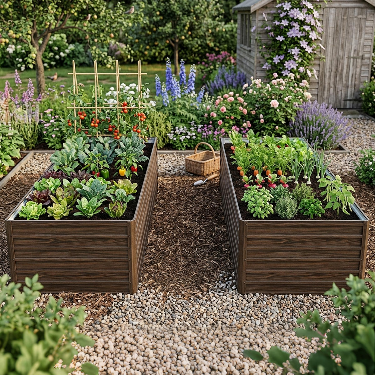 HOCHBEET 190/90/64 cm Holzmaserung (2 Stück) - Naturfarben, Metall (90/64/190cm) - Oxeza