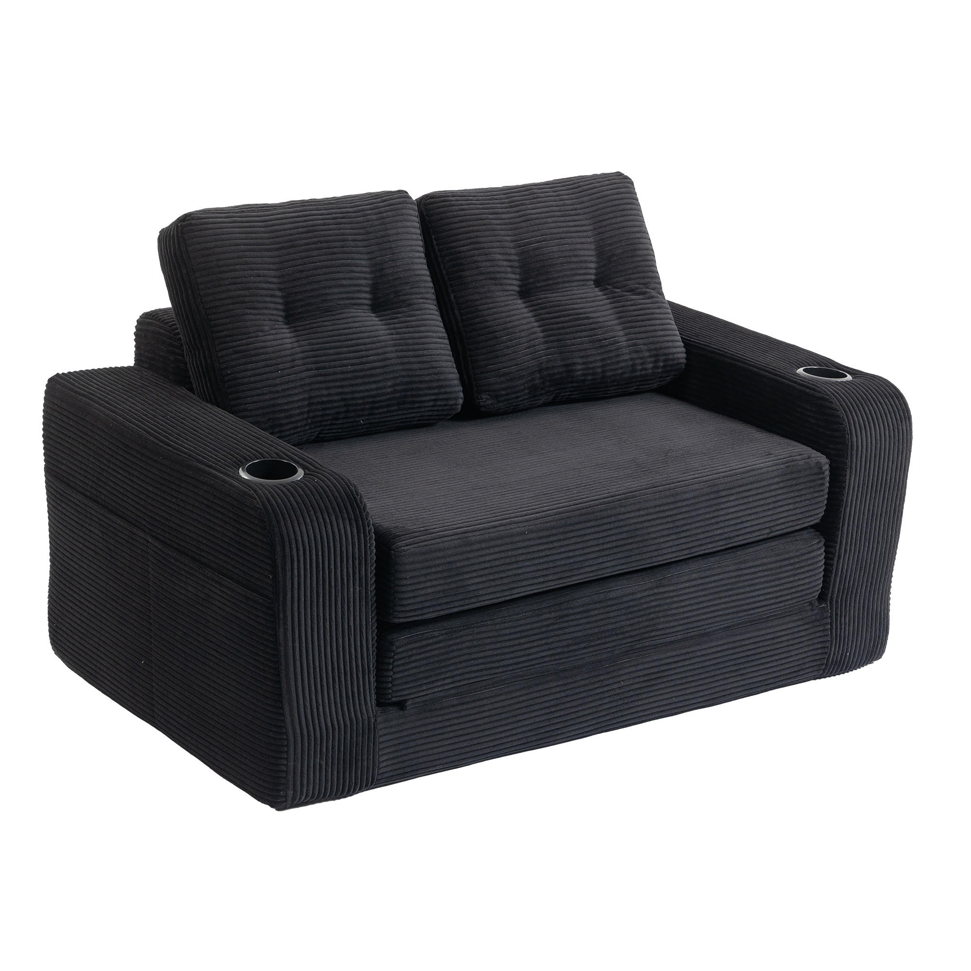 2-SITZER SOFA Cord Schwarz mit Getränkehaltern und Seitentaschen - Schwarz, Textil (136/82.5/80cm) - WISHDOR