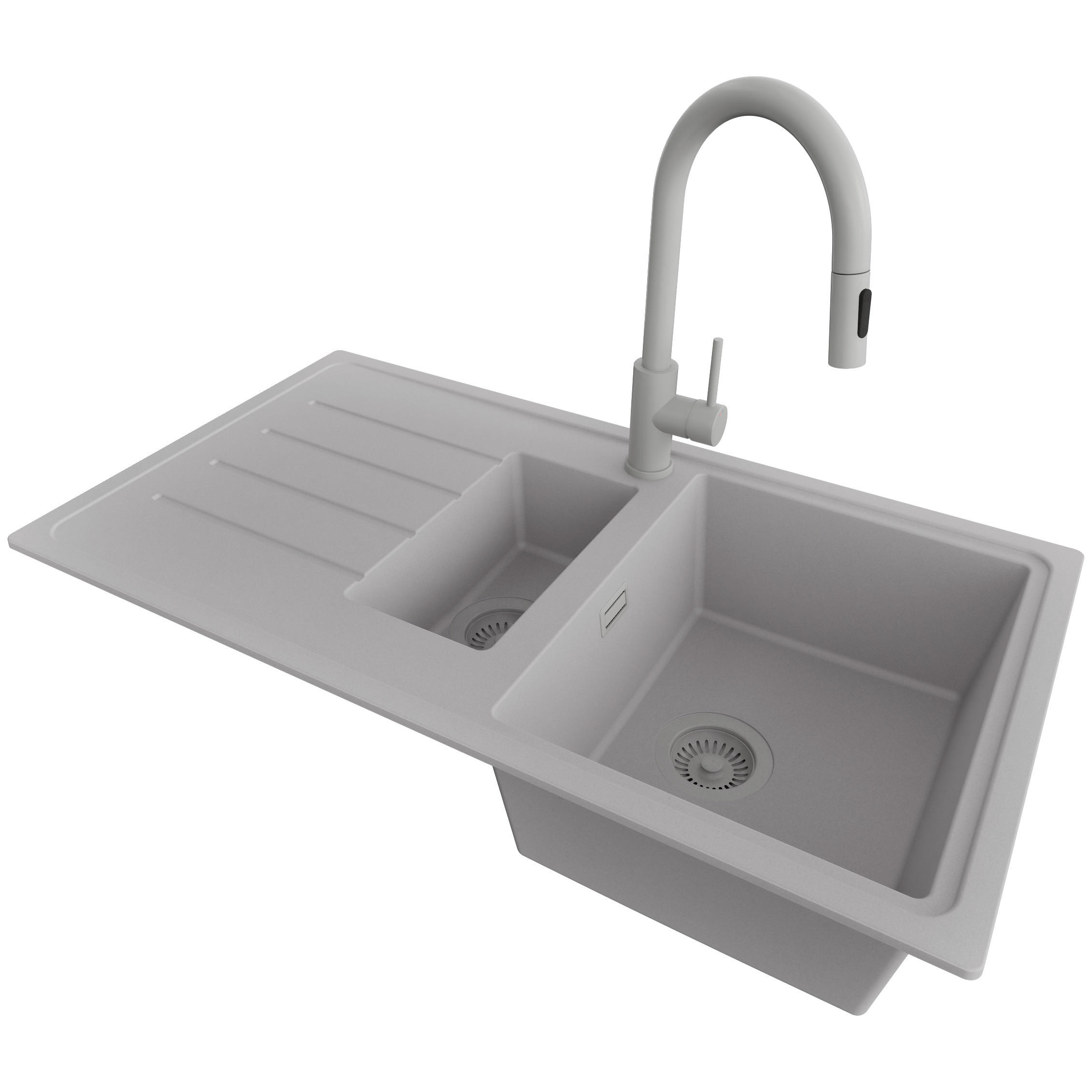 GRANITSPÜLE Kopenhagen Duo, 2-er set Grau 90/50 cm 1,5 Becken + Küchenarmatur 40/20 cm + Ablauf-Set ab 60er Unterschrank - Grau, Kunststoff (90/19/50cm) - Primagran