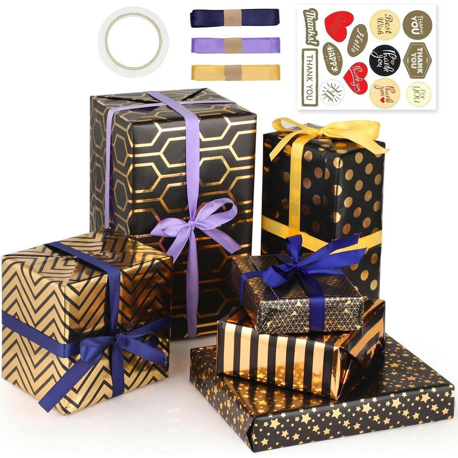 GESCHENKPAPIER Set Schwarz Gold 6 Blätter 50 x 70 cm - Multicolor, Papier (50/50/70cm)