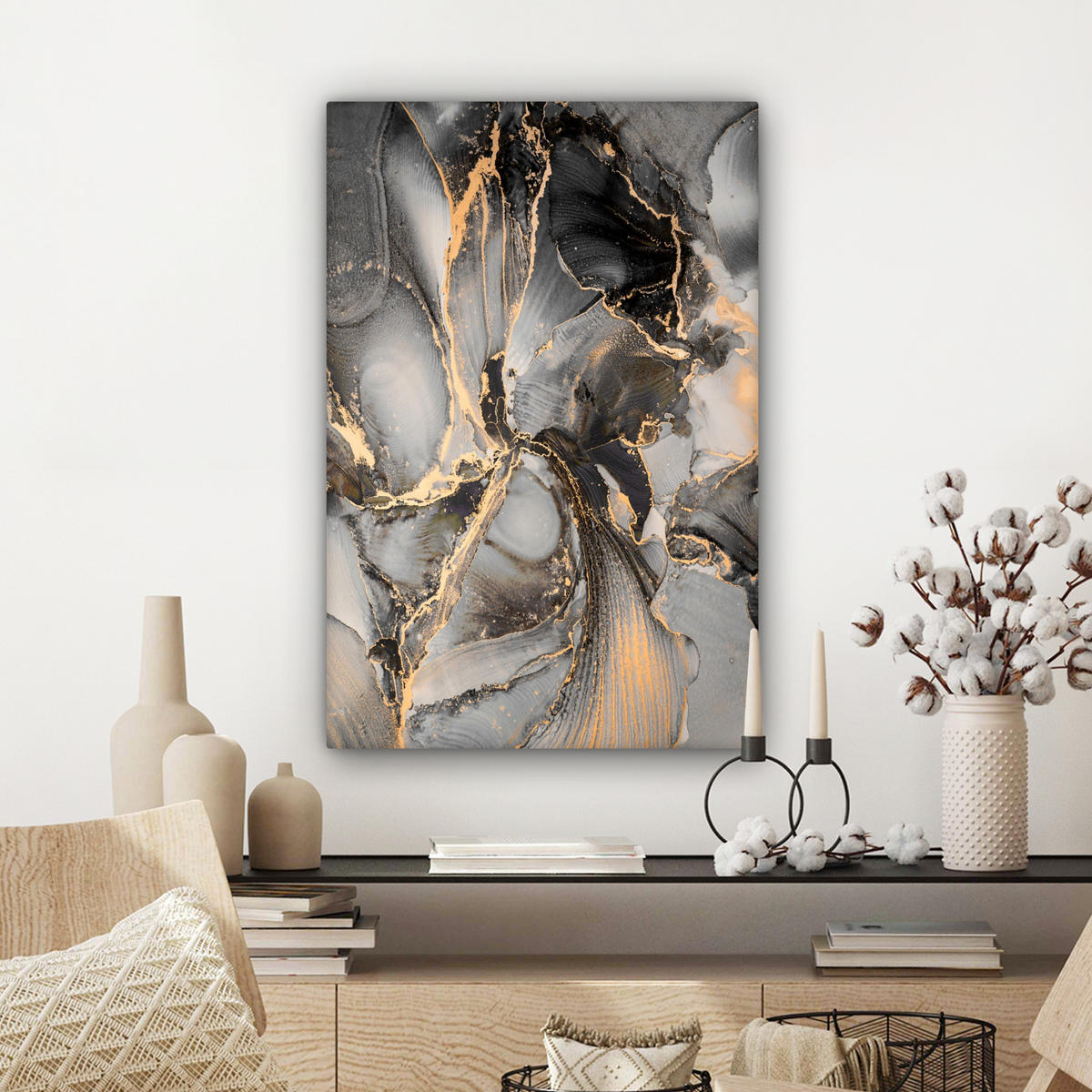 LEINWANDBILD Grau - Luxus - Gold - Marmor Wanddeko Schlafzimmer 60x90 cm - Dunkelgrau, Textil (60/90cm) - MuchoWow