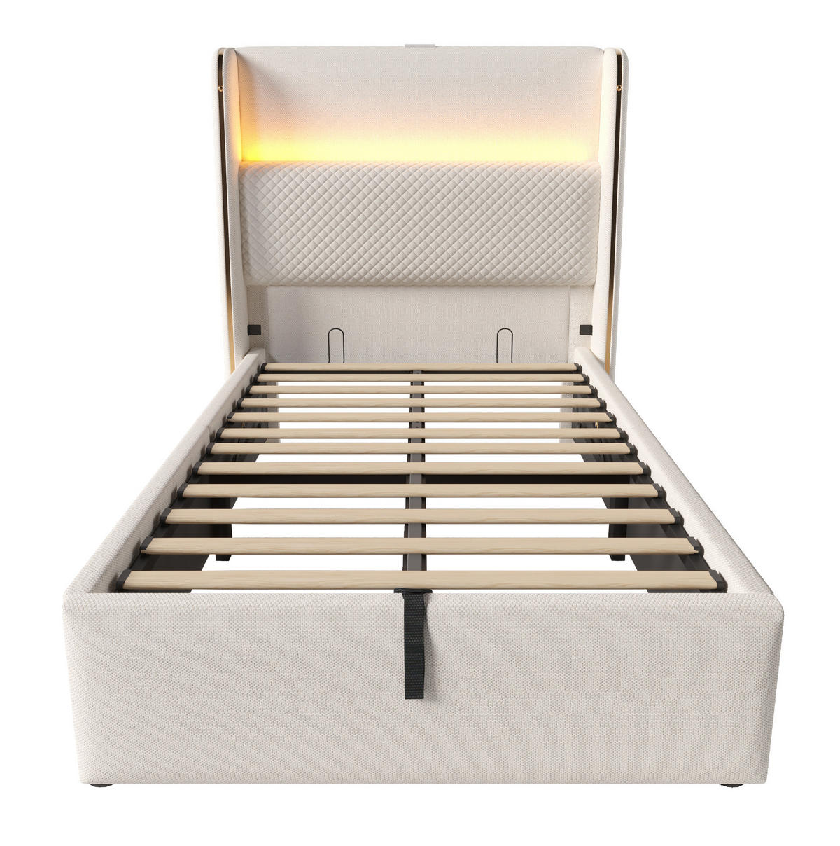 ČALÚNENÁ posteľ 90/200 cm s LED osvetlením, USB a Type-C nabíjaním, hydraulickým úložným priestorom a matracom, Béžová - béžová, textil (90/200cm) - Redom