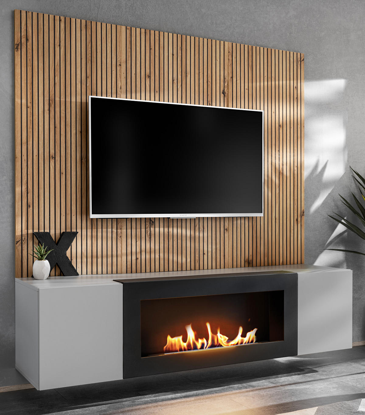 TV-LOWBOARD grau, Eiche Artisan 160, TV-Unterschrank mit Ethanpol Kamin und Akustikpaneel - Hellgrau/Schwarz, Glas/Holzwerkstoff (160/148/35cm) - Inn.Furn