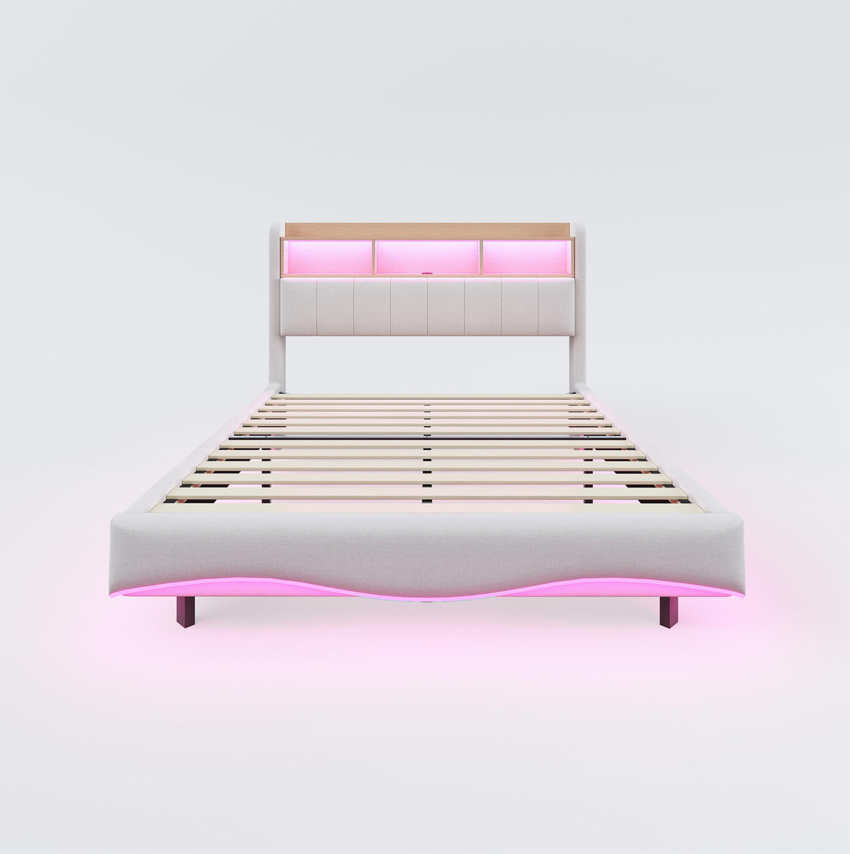 ČALÚNENÁ posteľ 160/200 cm s LED osvetlením, USB a Type-C portom, úložným priestorom a kovovým rámom, Béžová - béžová, textil (160/200cm) - Redom