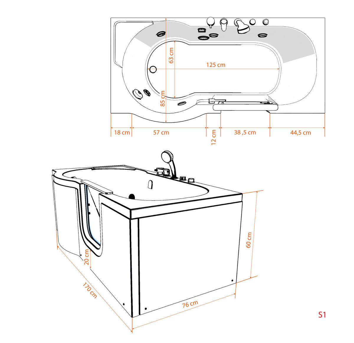 SITZWANNE Whirlpool Badewanne mit Tür S12-WP-R 85x170cm - Weiß, Glas/Kunststoff (170/60/85cm) - AcquaVapore by Sandra Jentho
