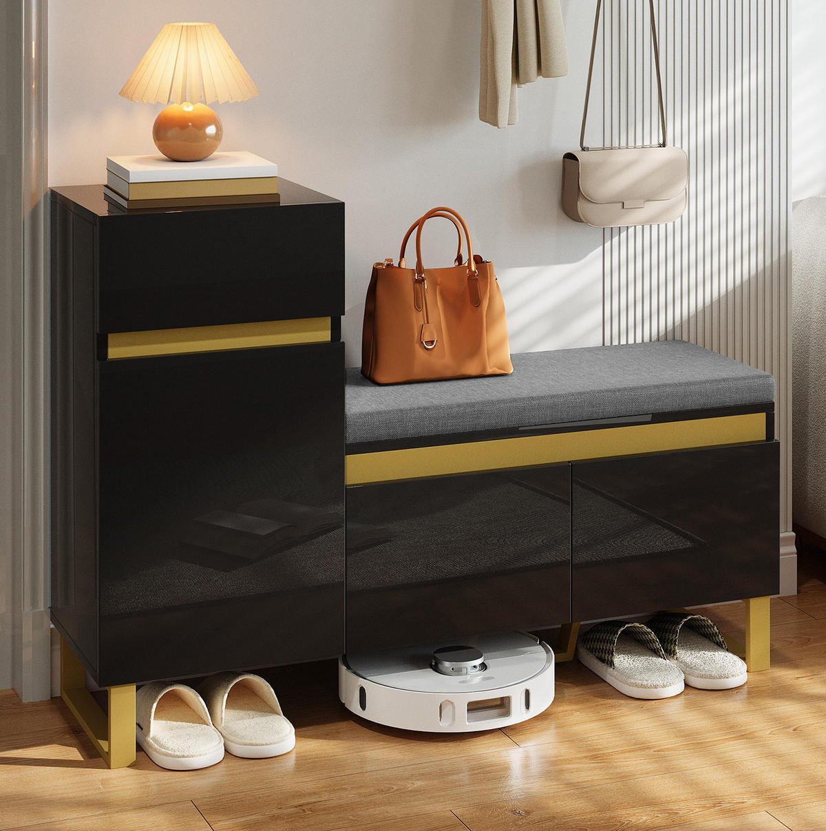 SCHUHSCHRANK 120/35/85 cm in Schwarz mit Sitzkissen und Schublade - Schwarz, Holzwerkstoff (120/85/35cm) - Flora Grace