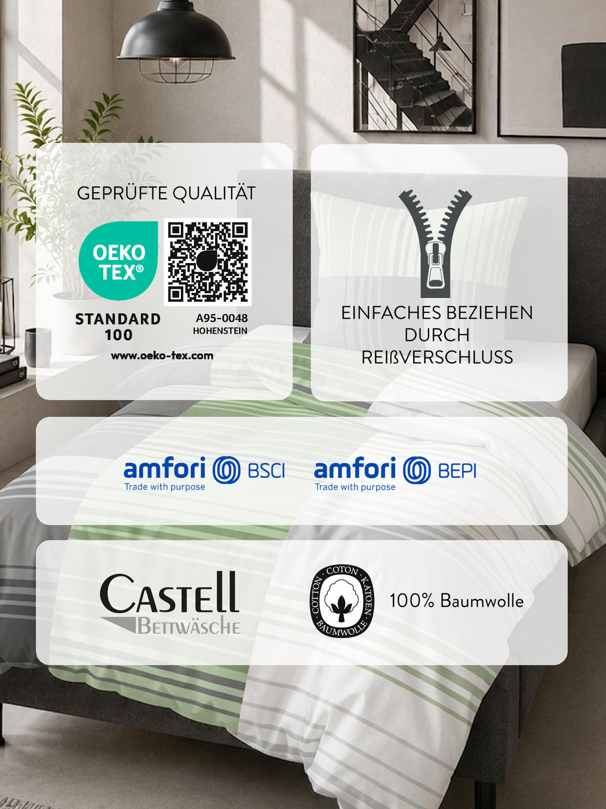 BETTWÄSCHE-GARNITUR Renforcé Streifenmix fichte, 135x200 cm + 80x80 cm - Dunkelgrün, Textil (135/200cm) - Castell