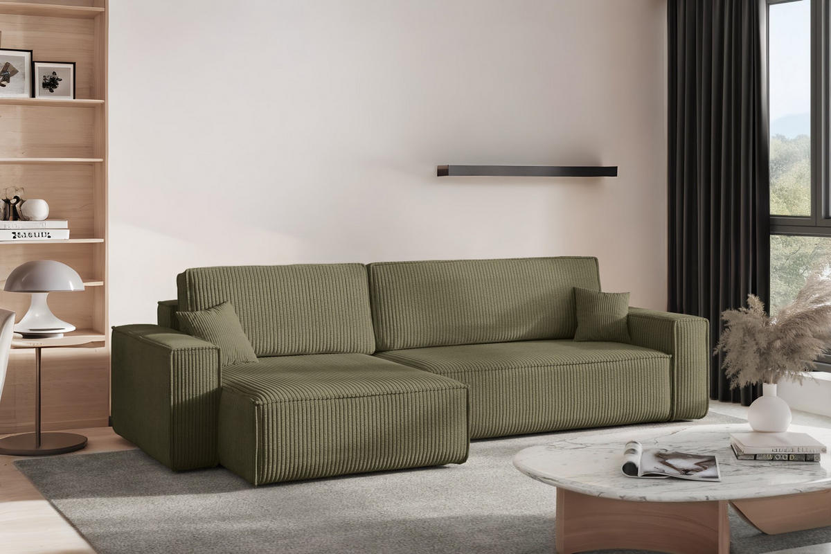 ECKSOFA Mit Schlaffunktion Und Bettkasten, Eckcouch BEST XL Stoff Poso Dicker Cord Olive Links - Schwarz/Olivgrün, Holz/Kunststoff (142/274cm) - Kaiser Möbel