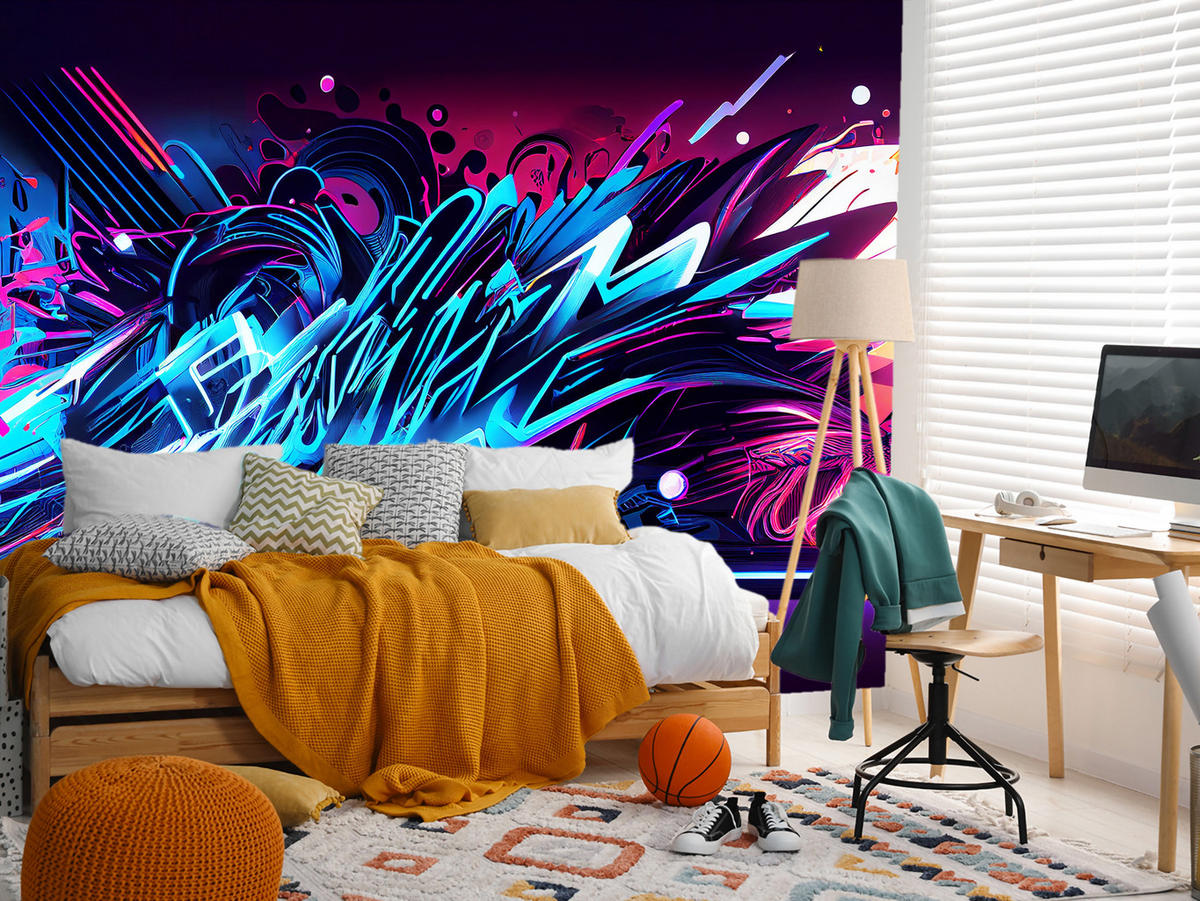 FOTOTAPETE für Jugendzimmer Neon Graffiti Schriften 400x280 - Blau/Gelb, Papier (400/280cm) - Muralo