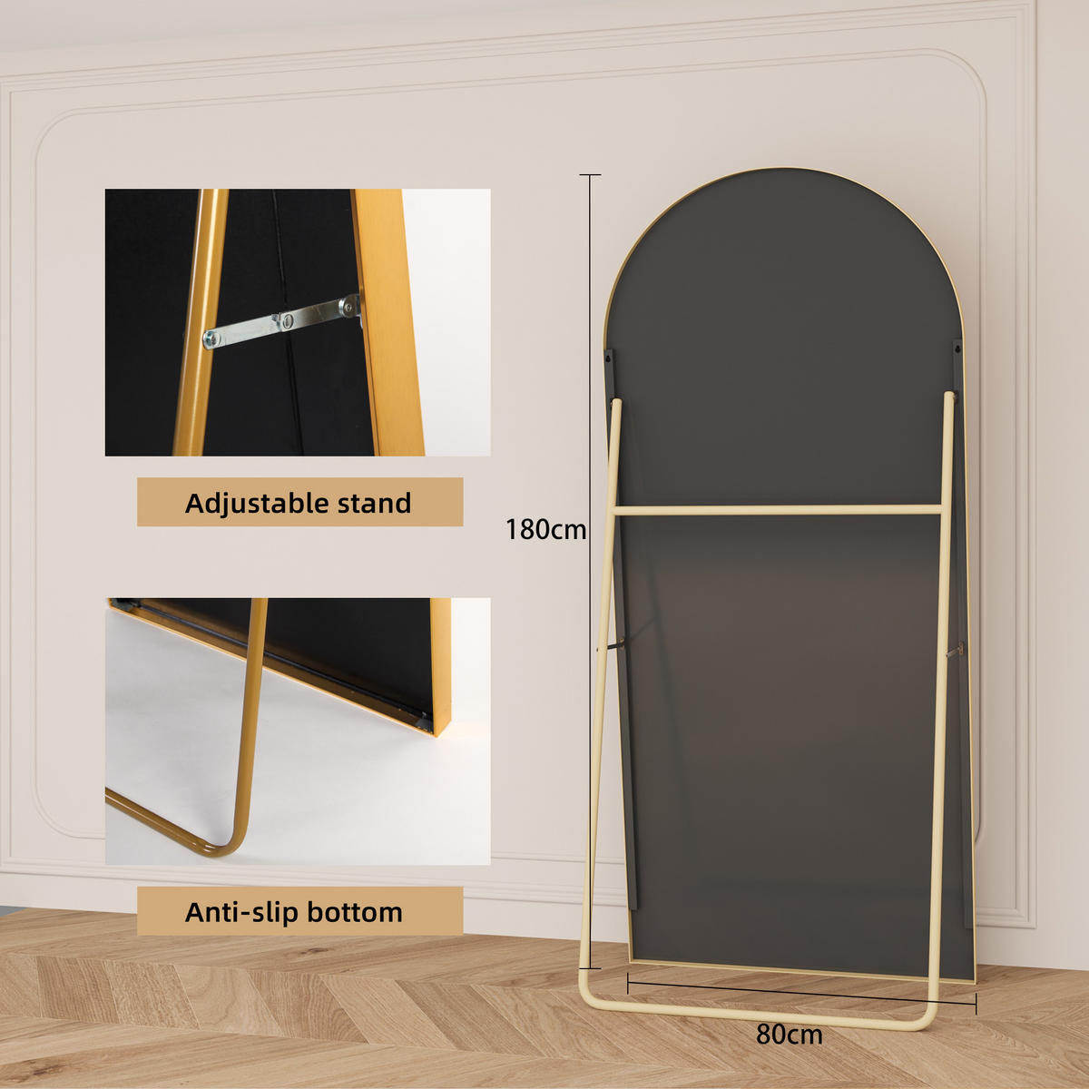 STANDSPIEGEL 1800 x 800 mm, curved full-length mirror, floor-standing, large gold frame, gold - Goldfarben, Glas (80/180/3cm) - WoodenAura