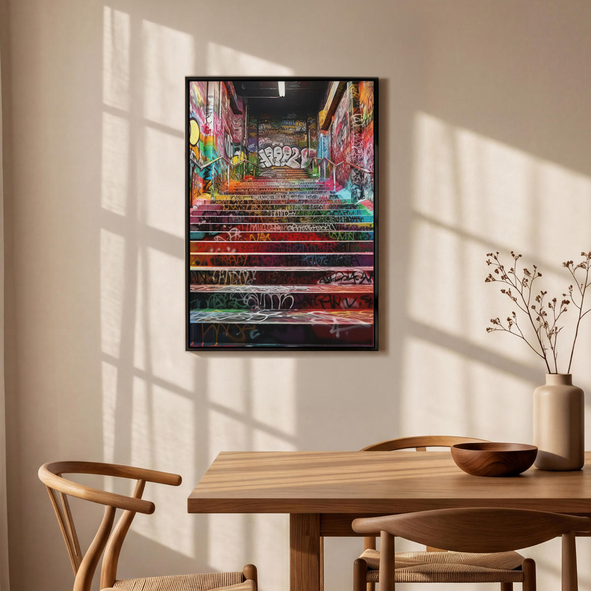 LEINWAND Bilder mit Rahmen - Treppe - Graffiti - Farben - Kunst - 60x90 - Multicolor, Textil (60/90cm) - MuchoWow
