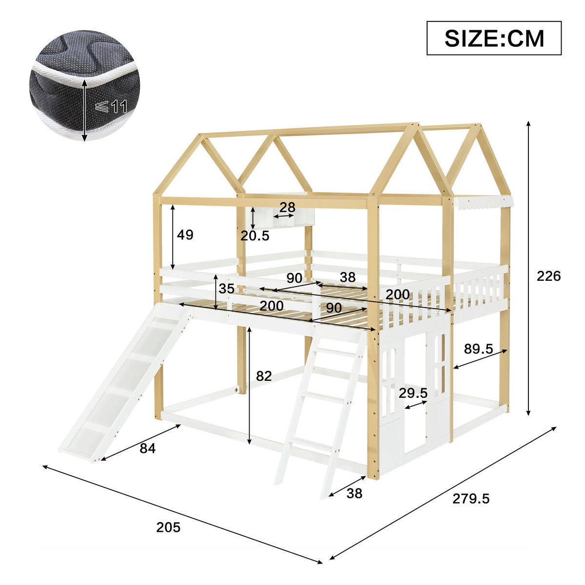 HOCHBETT 90/200 cm Weiß + Naturholz - Weiß/Naturfarben, Holz