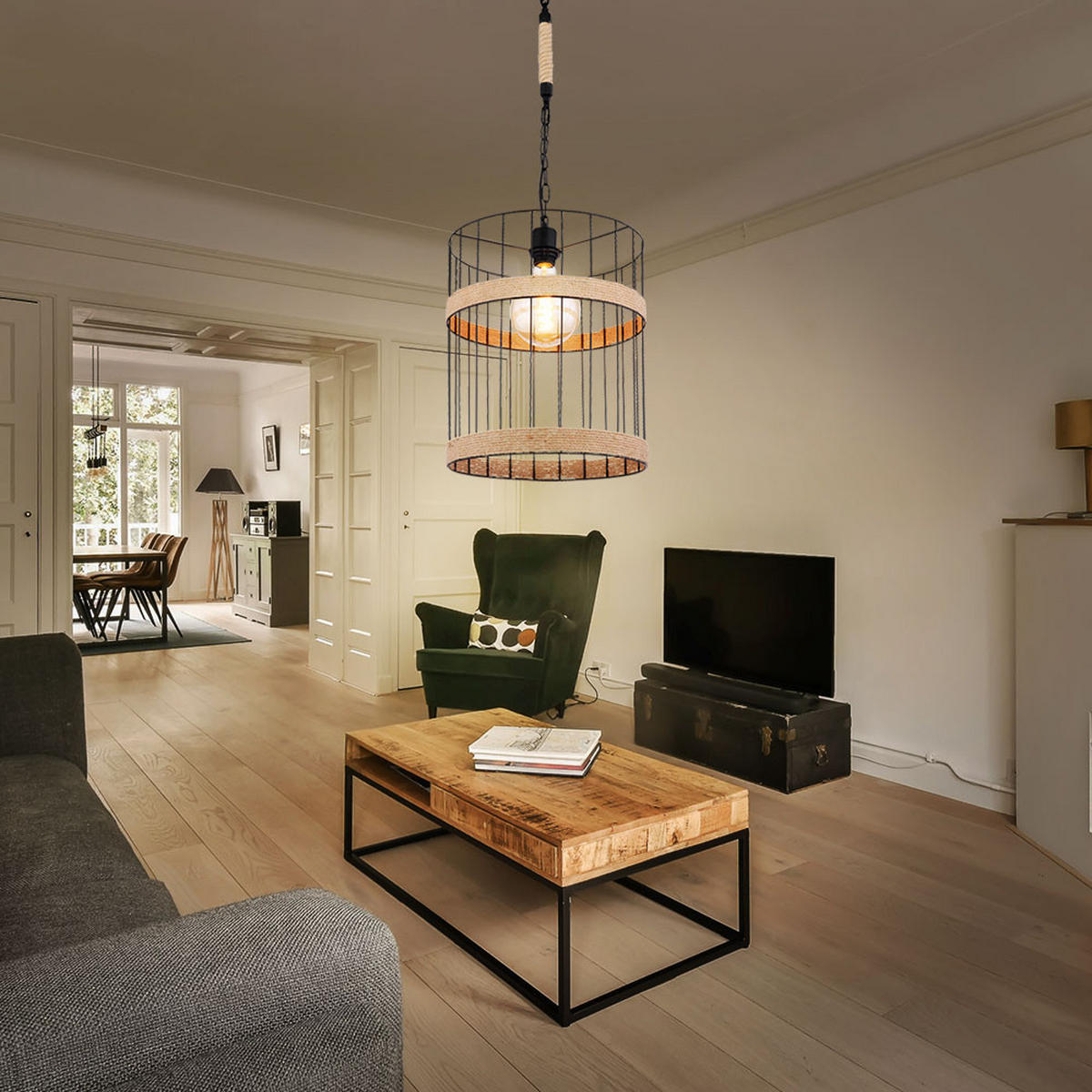 HÄNGELEUCHTE Gitteroptik Schwarz Hanfseil - Schwarz, Metall (35/35/145cm) - Globo Lighting