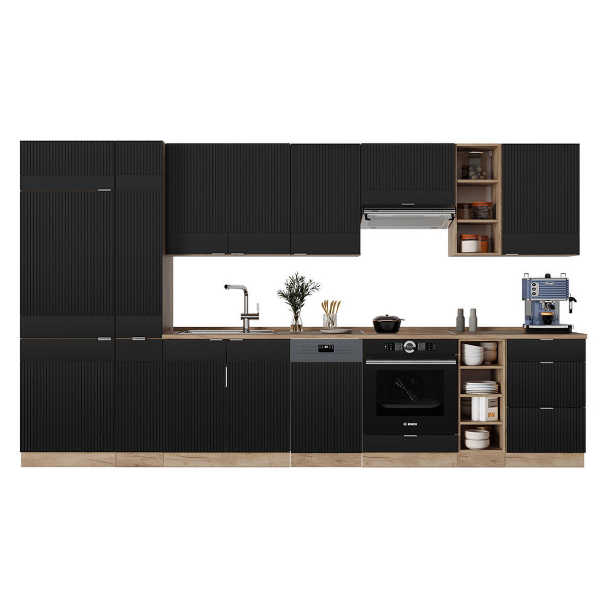 KÜCHENZEILE Fame-Line, Schwarz gestreift/Goldkraft Eiche, 355 cm ohne Arbeitsplatte - Honigeiche/Schwarz, Holzwerkstoff (355/81.6/46cm) - Vicco