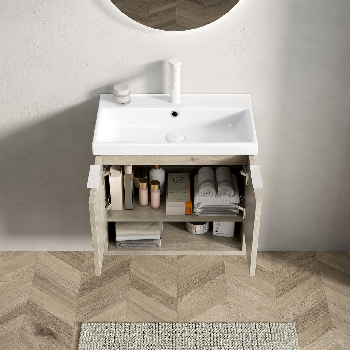 WASCHTISCHUNTERSCHRANK 55x32x53cm Creme/Weiß mit glänzendem Keramikbecken - Creme, Keramik (55/53/32cm) - Modfu