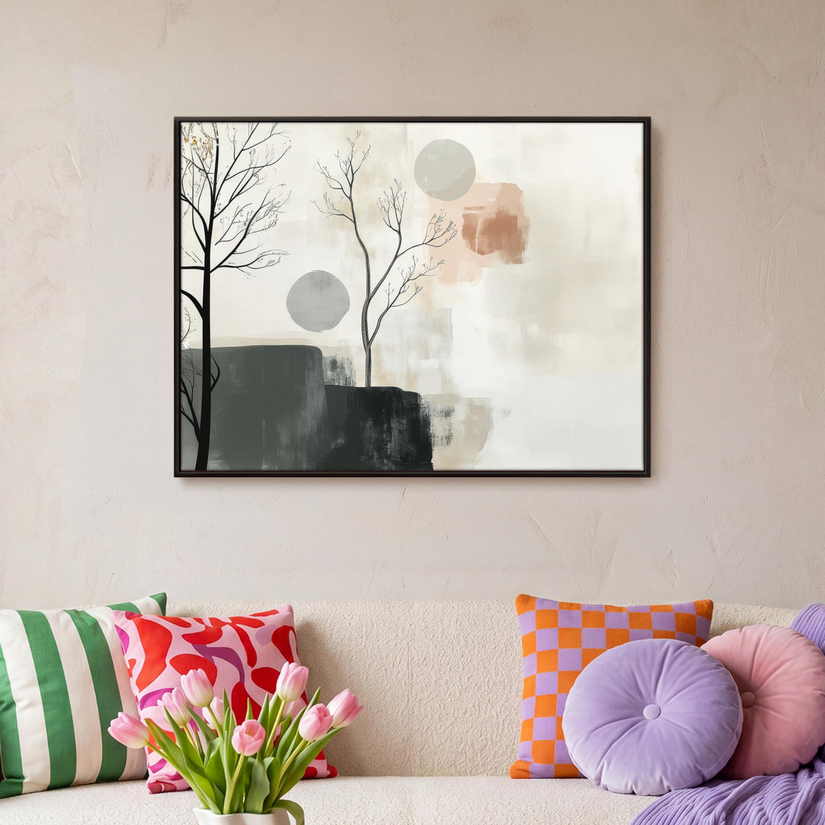 LEINWAND Bilder mit Rahmen - Wabi sabi - Beige - Pflanze - 80x60 - Sandfarben, Textil (80/60cm) - MuchoWow