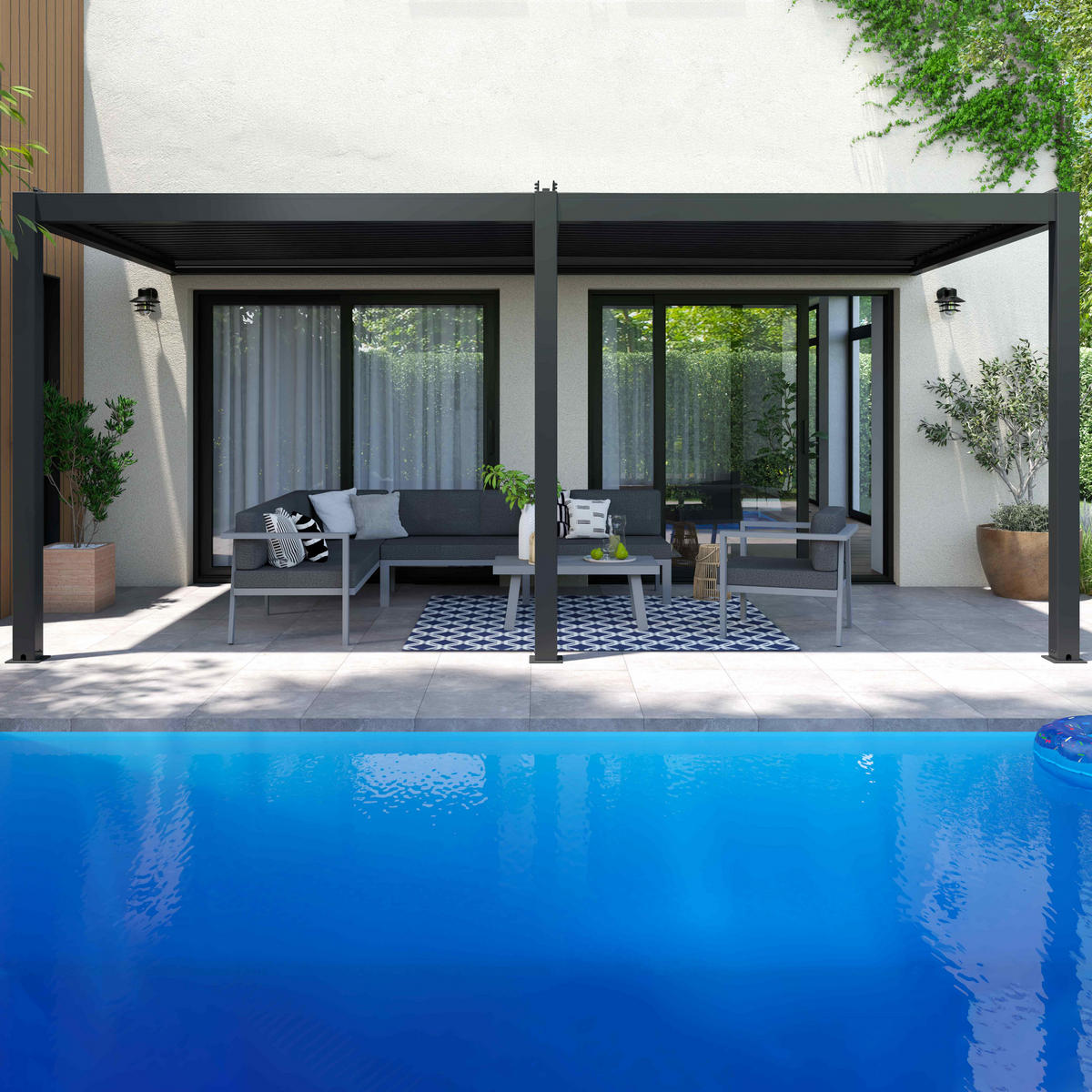 PERGOLA 3x6 m, mit 2 Markisen, Grau - Grau, Metall (281/257/574cm) - Oviala