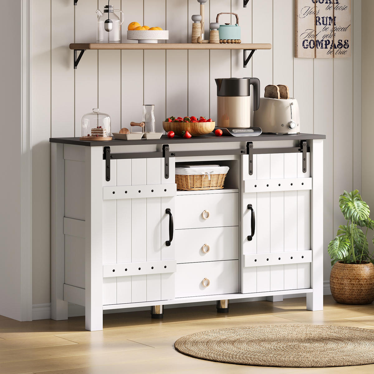 BUFFETSCHRANK in Weiß Seitenschrank mit Schiebetüren und Schubladen für Küche und Wohnzimmer, B120/T40/H80 cm - Weiß, Holzwerkstoff/Metall (120/80/40cm) - STILVORA