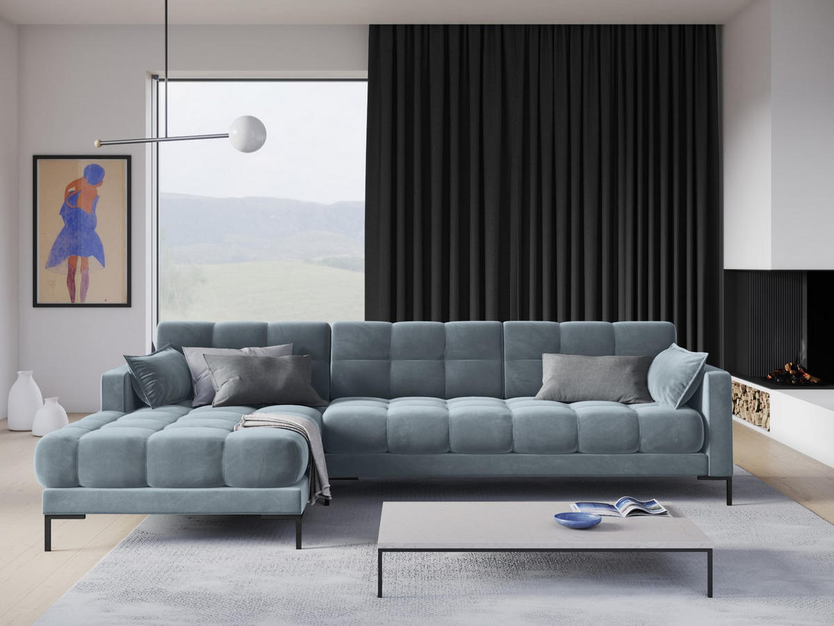 ECKSOFA links Mamaia aus Samt hellblau 5 Sitzplätze - Hellblau, Textil (185/293cm) - Micadoni