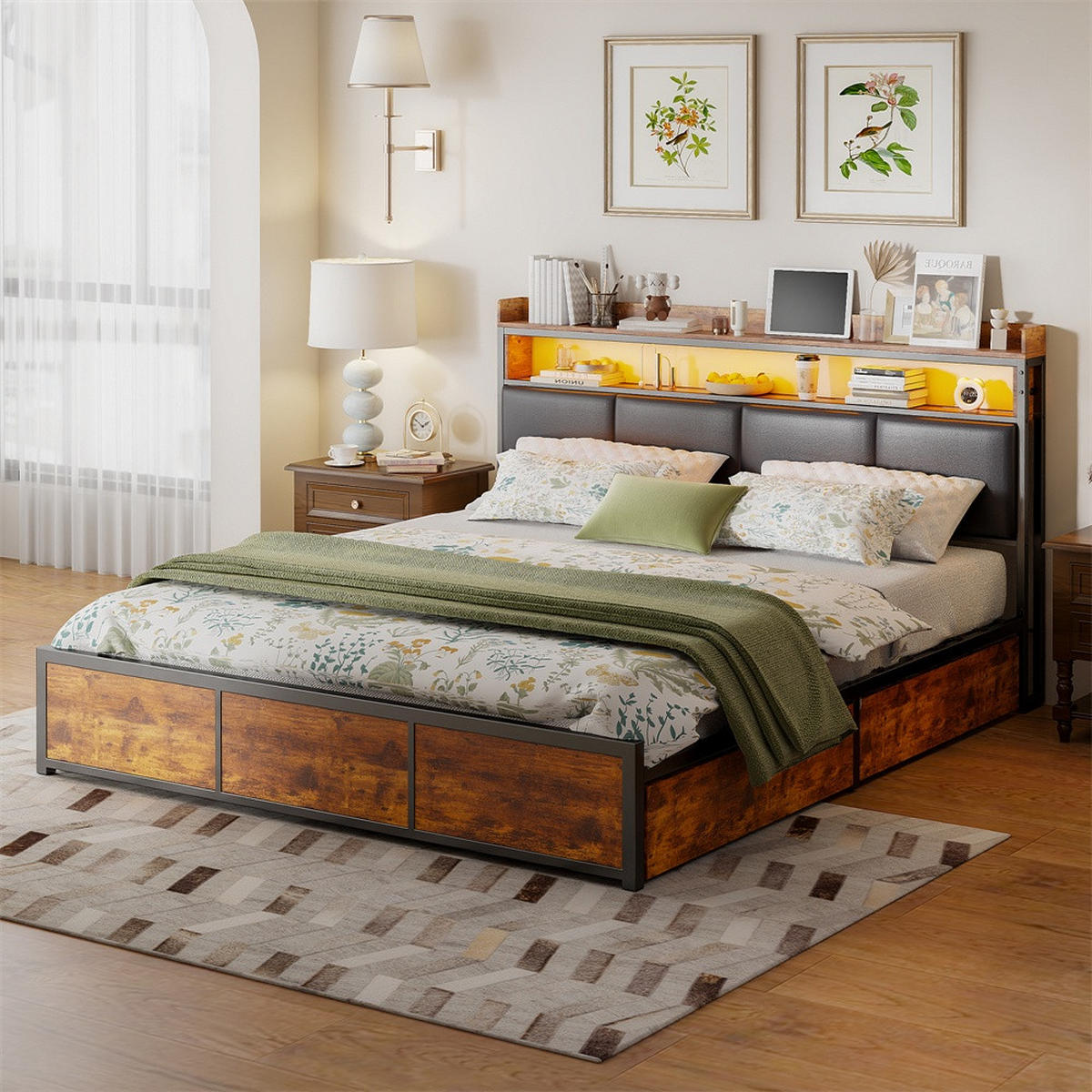 METALLBETT 180x200 cm - Kopfteil Regal & LED Beleuchtung - 4 Schubladen - ohne Matratze - Schwarz & Braun - Braun, Metall (180/200cm) - DELFA