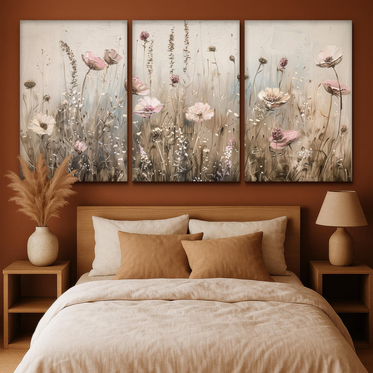 LEINWANDBILD 3er Set Blumen - Beige - Modern - Rosa 240x120 cm - Ecru, Textil (240/120cm) - MuchoWow