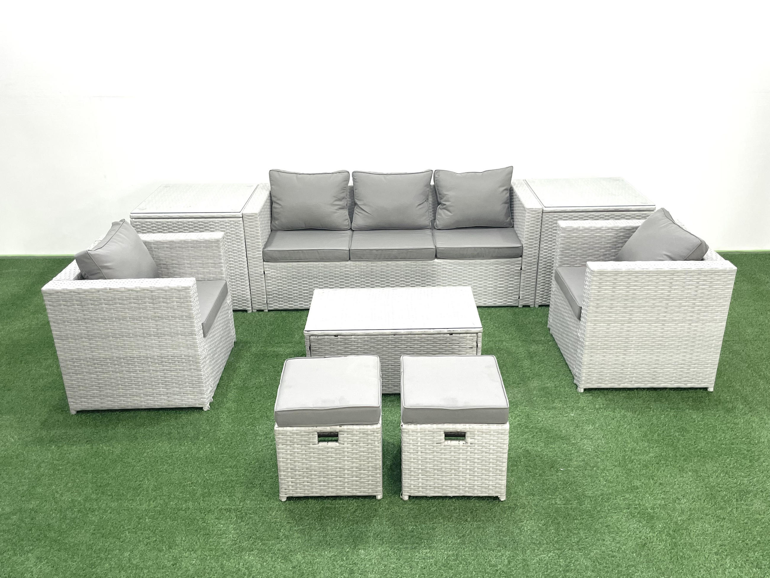 GARTENMÖBELSET mit 3-SITZER SOFA,COUCHTISCH Polyrattan Hellgrau-Mix 7-Sitzer - Hellgrau/Grau, Glas/Kunststoff - Fimous